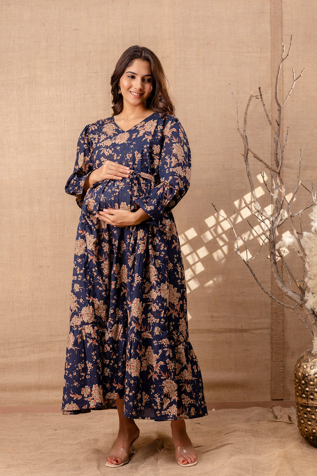Women Navy Blue Printed Flared Maternity Dress | LASVINI - Redefining Indian Fashion with Elegance