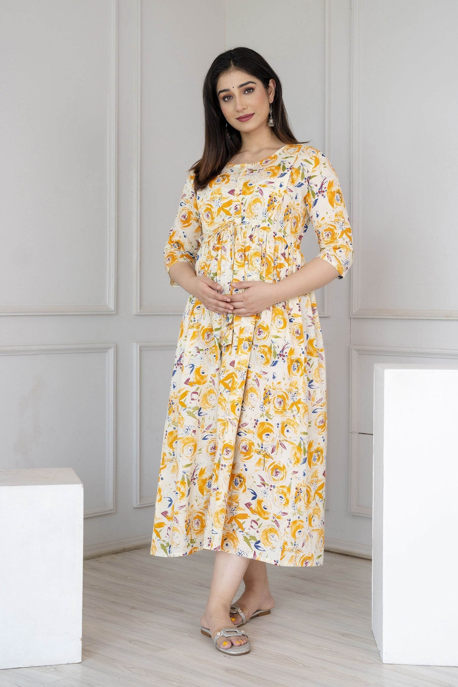 Women Off White Printed Flared Maternity Dress | LASVINI - Redefining Indian Fashion with Elegance