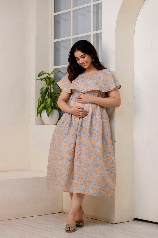Women Grey Printed Flared Maternity Dress | LASVINI - Redefining Indian Fashion with Elegance