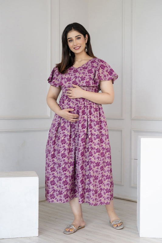 Women Purple Printed Flared Maternity Dress | LASVINI - Redefining Indian Fashion with Elegance