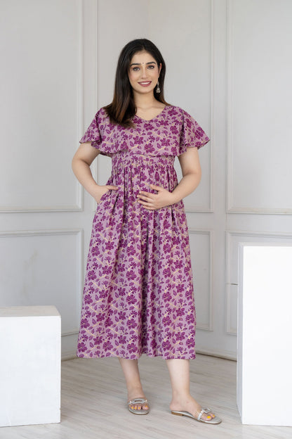 Women Purple Printed Flared Maternity Dress | LASVINI - Redefining Indian Fashion with Elegance