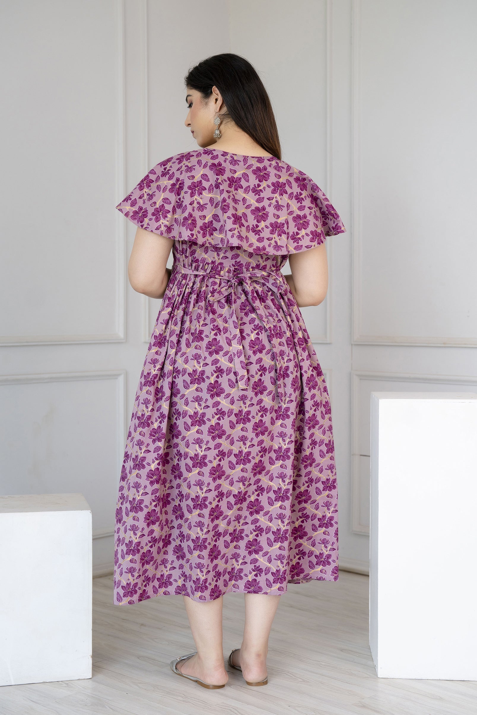 Women Purple Printed Flared Maternity Dress | LASVINI - Redefining Indian Fashion with Elegance