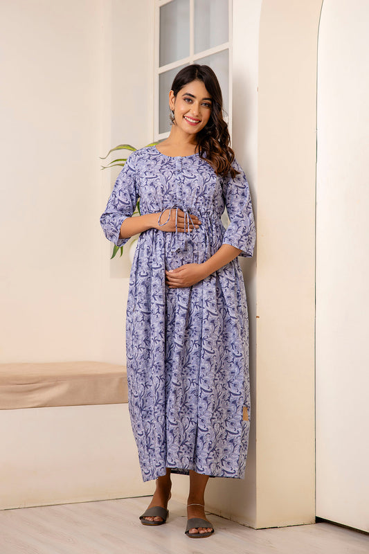 Women Grey Printed Flared Maternity Dress | LASVINI - Redefining Indian Fashion with Elegance