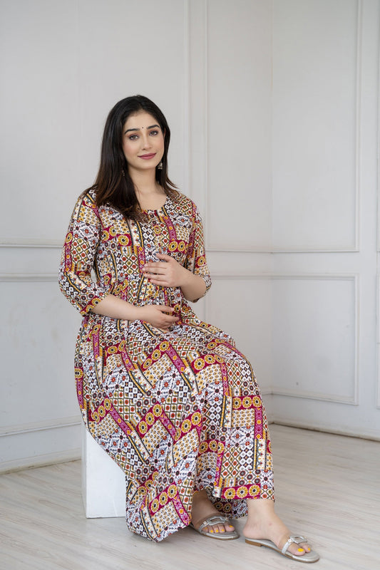 Women Multi Printed Flared Maternity Dress | LASVINI - Redefining Indian Fashion with Elegance