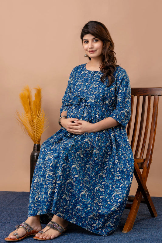 Blue Floral Maternity Dress For Women | LASVINI - Redefining Indian Fashion with Elegance