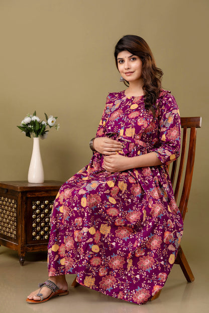 Burgundy Floral Printed Maternity Dress For Women | LASVINI - Redefining Indian Fashion with Elegance