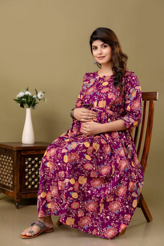 Burgundy Floral Printed Maternity Dress For Women | LASVINI - Redefining Indian Fashion with Elegance