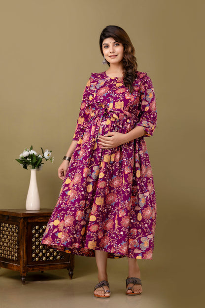 Burgundy Floral Printed Maternity Dress For Women | LASVINI - Redefining Indian Fashion with Elegance