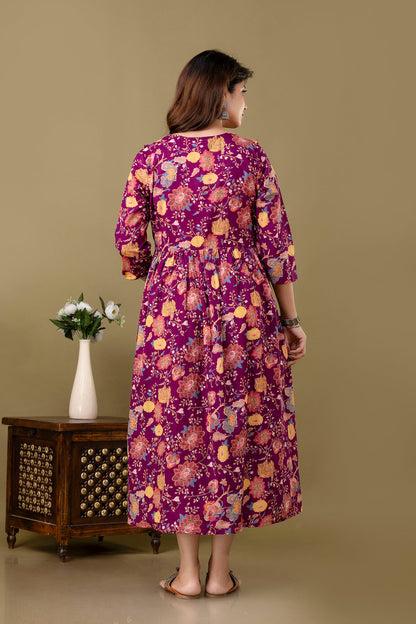 Burgundy Floral Printed Maternity Dress For Women | LASVINI - Redefining Indian Fashion with Elegance