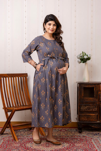 Grey Ethnic Maternity Dress For Women | LASVINI - Redefining Indian Fashion with Elegance