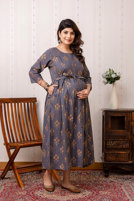 Grey Ethnic Maternity Dress For Women | LASVINI - Redefining Indian Fashion with Elegance
