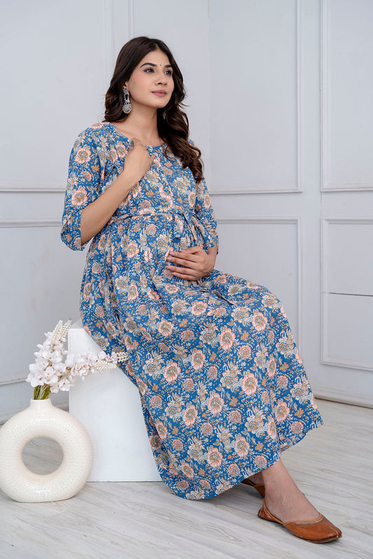 Blue Floral Maternity Dress For Women | LASVINI - Redefining Indian Fashion with Elegance