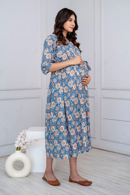 Blue Floral Maternity Dress For Women | LASVINI - Redefining Indian Fashion with Elegance