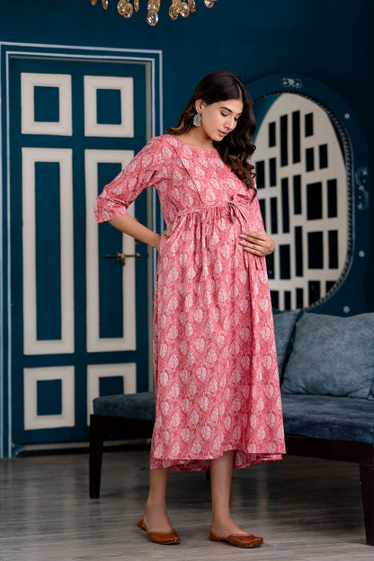 Pink Printed Maternity Dress For Women | LASVINI - Redefining Indian Fashion with Elegance