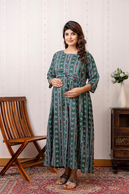 Green Printed Maternity Dress For Women | LASVINI - Redefining Indian Fashion with Elegance