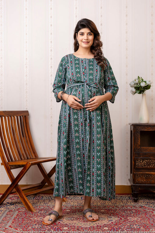 Green Printed Maternity Dress For Women | LASVINI - Redefining Indian Fashion with Elegance