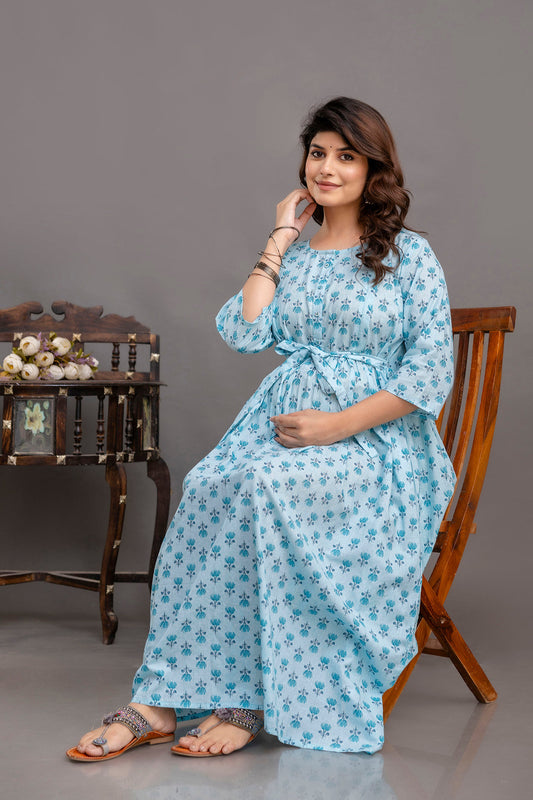 Blue Printed Maternity Dress For Women | LASVINI - Redefining Indian Fashion with Elegance