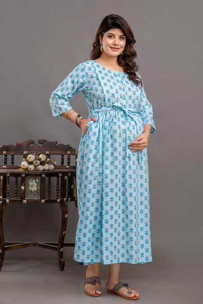 Blue Printed Maternity Dress For Women | LASVINI - Redefining Indian Fashion with Elegance