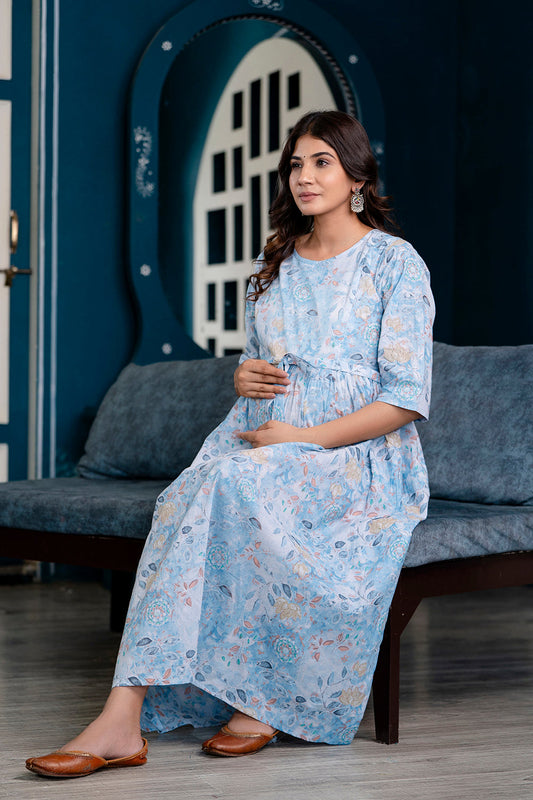 Blue Printed Maternity Dress For Women | LASVINI - Redefining Indian Fashion with Elegance
