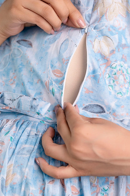 Blue Printed Maternity Dress For Women | LASVINI - Redefining Indian Fashion with Elegance