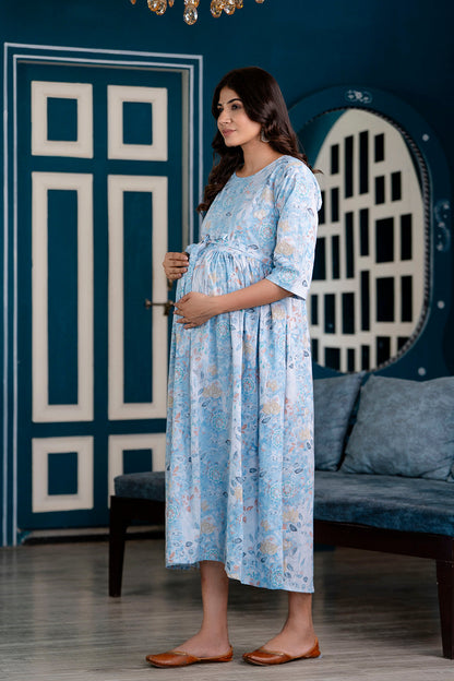 Blue Printed Maternity Dress For Women | LASVINI - Redefining Indian Fashion with Elegance