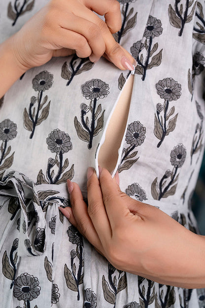Grey Printed Maternity Dress For Women | LASVINI - Redefining Indian Fashion with Elegance