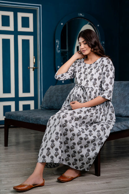 Grey Printed Maternity Dress For Women | LASVINI - Redefining Indian Fashion with Elegance