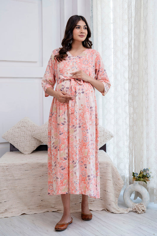 Peach Printed Maternity Dress For Women | LASVINI - Redefining Indian Fashion with Elegance