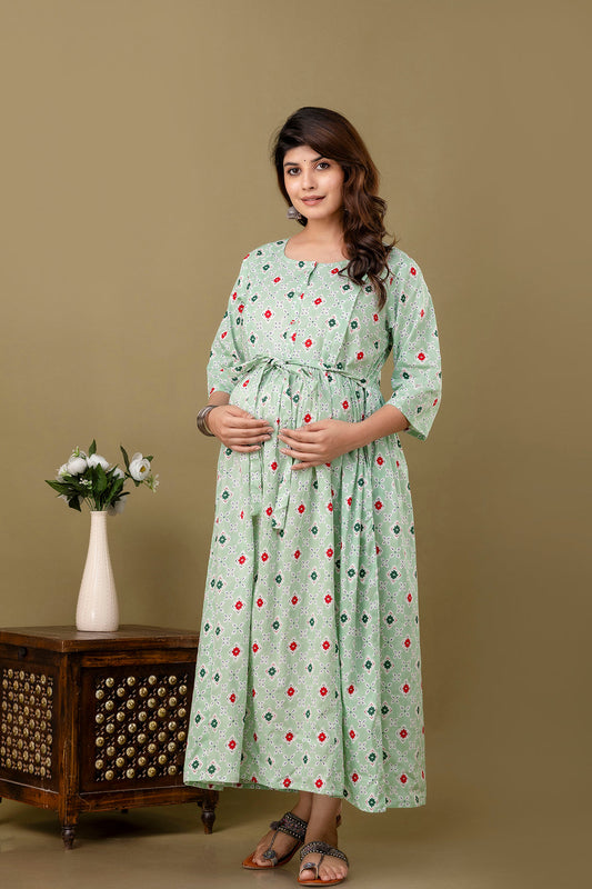 Green Printed Maternity Dress For Women | LASVINI - Redefining Indian Fashion with Elegance