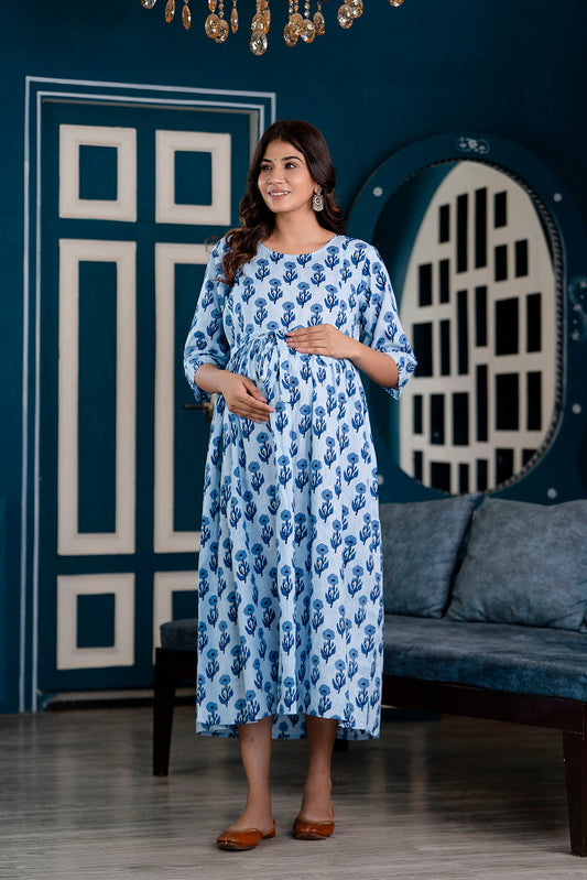 Blue Printed Maternity Dress For Women | LASVINI - Redefining Indian Fashion with Elegance