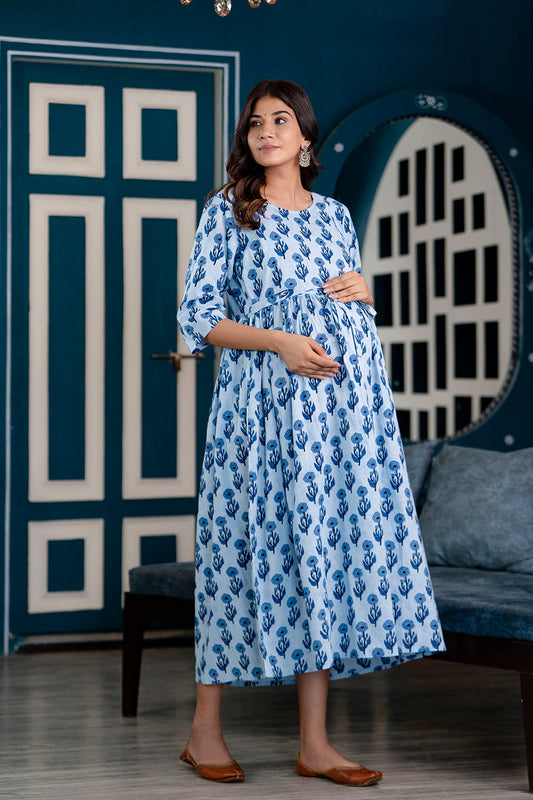 Blue Printed Maternity Dress For Women | LASVINI - Redefining Indian Fashion with Elegance