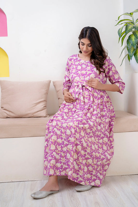 Purple Printed Maternity Dress For Women | LASVINI - Redefining Indian Fashion with Elegance