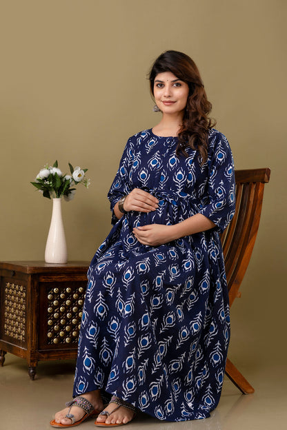 Navy Blue Printed Maternity Dress For Women | LASVINI - Redefining Indian Fashion with Elegance