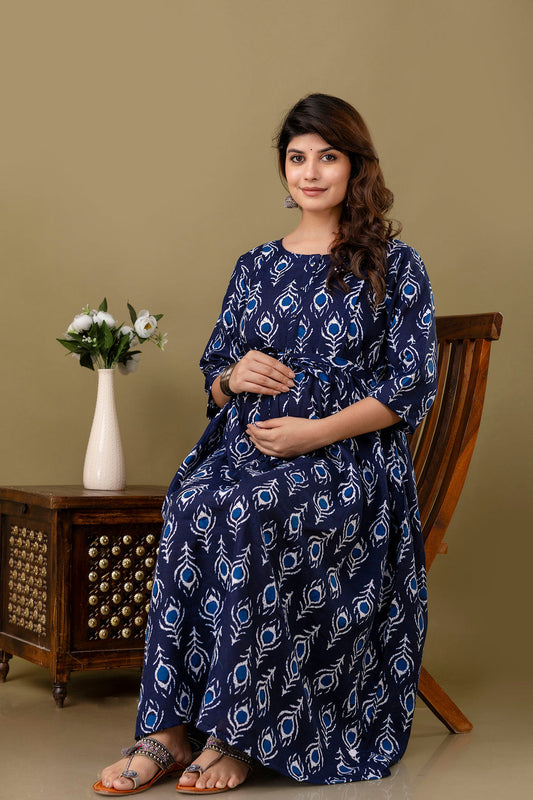 Navy Blue Printed Maternity Dress For Women | LASVINI - Redefining Indian Fashion with Elegance