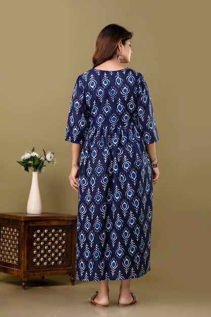 Navy Blue Printed Maternity Dress For Women | LASVINI - Redefining Indian Fashion with Elegance