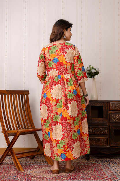 Red Printed Maternity Dress For Women | LASVINI - Redefining Indian Fashion with Elegance