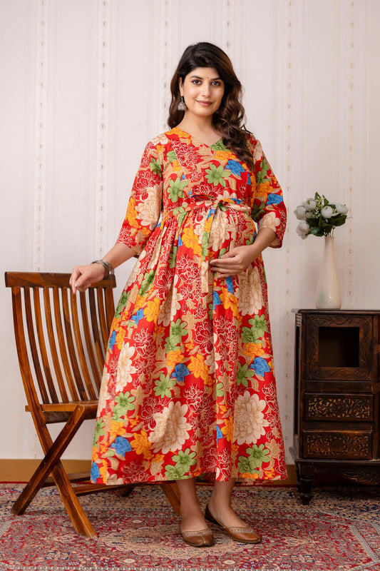 Red Printed Maternity Dress For Women | LASVINI - Redefining Indian Fashion with Elegance