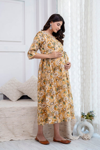Cream Printed Maternity Dress For Women | LASVINI - Redefining Indian Fashion with Elegance
