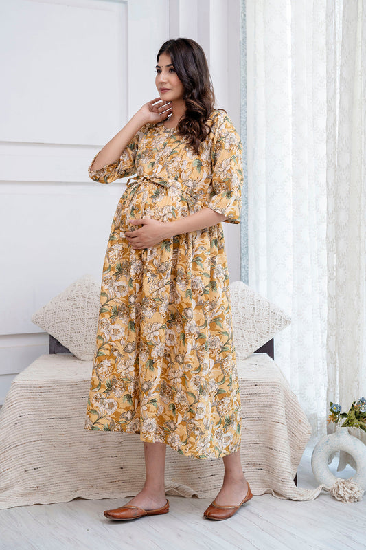 Cream Printed Maternity Dress For Women | LASVINI - Redefining Indian Fashion with Elegance