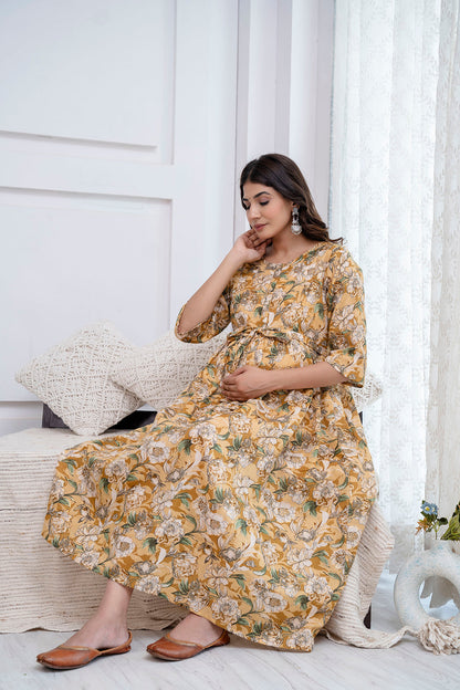 Cream Printed Maternity Dress For Women | LASVINI - Redefining Indian Fashion with Elegance