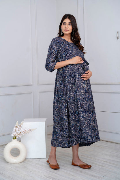 Navy Blue Abstract Printed Maternity Dress For Women | LASVINI - Redefining Indian Fashion with Elegance
