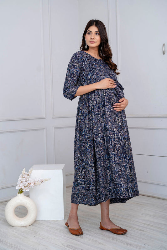 Navy Blue Abstract Printed Maternity Dress For Women | LASVINI - Redefining Indian Fashion with Elegance