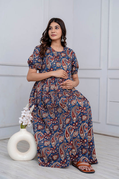 Blue Printed Maternity Dress For Women | LASVINI - Redefining Indian Fashion with Elegance