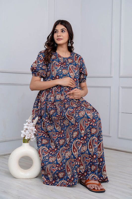 Blue Printed Maternity Dress For Women | LASVINI - Redefining Indian Fashion with Elegance