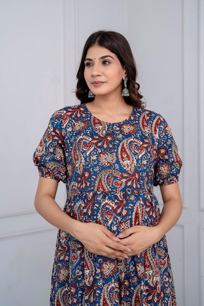 Blue Printed Maternity Dress For Women | LASVINI - Redefining Indian Fashion with Elegance