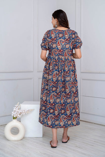 Blue Printed Maternity Dress For Women | LASVINI - Redefining Indian Fashion with Elegance