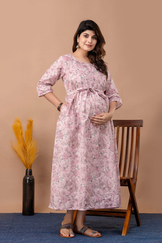 Pink Printed Maternity Dress For Women | LASVINI - Redefining Indian Fashion with Elegance