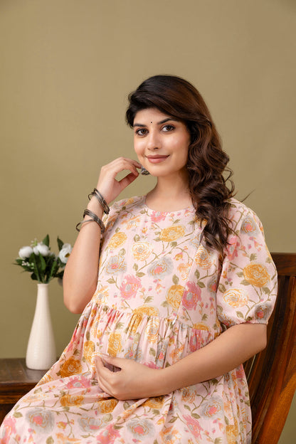 Pink Printed Maternity Dress For Women | LASVINI - Redefining Indian Fashion with Elegance
