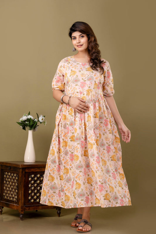 Pink Printed Maternity Dress For Women | LASVINI - Redefining Indian Fashion with Elegance