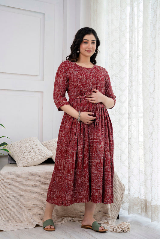 Navy Maroon Abstract Printed Maternity Dress For Women | LASVINI - Redefining Indian Fashion with Elegance